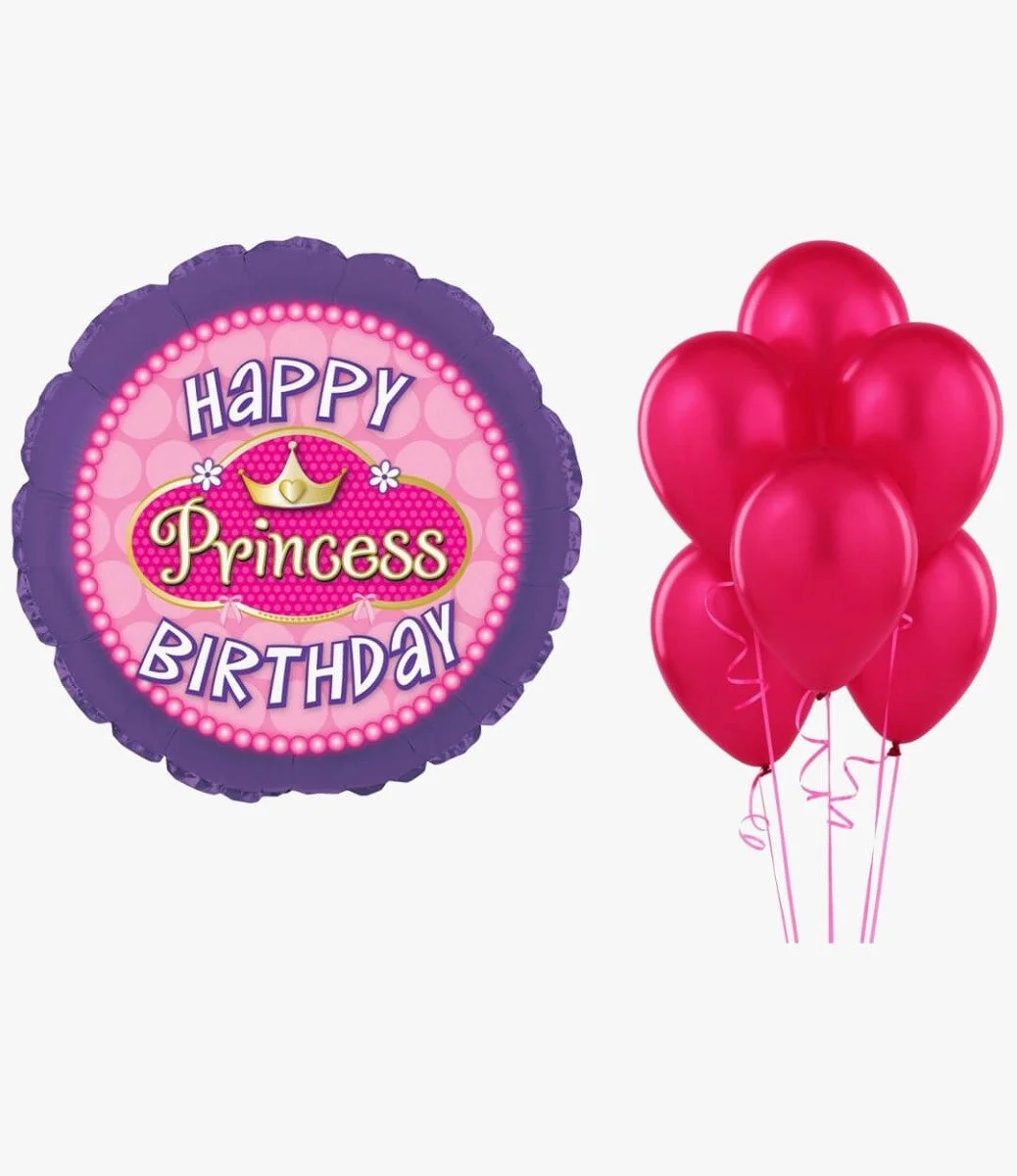 Happy Birthday Princess Balloon and 6 Pink Balloons