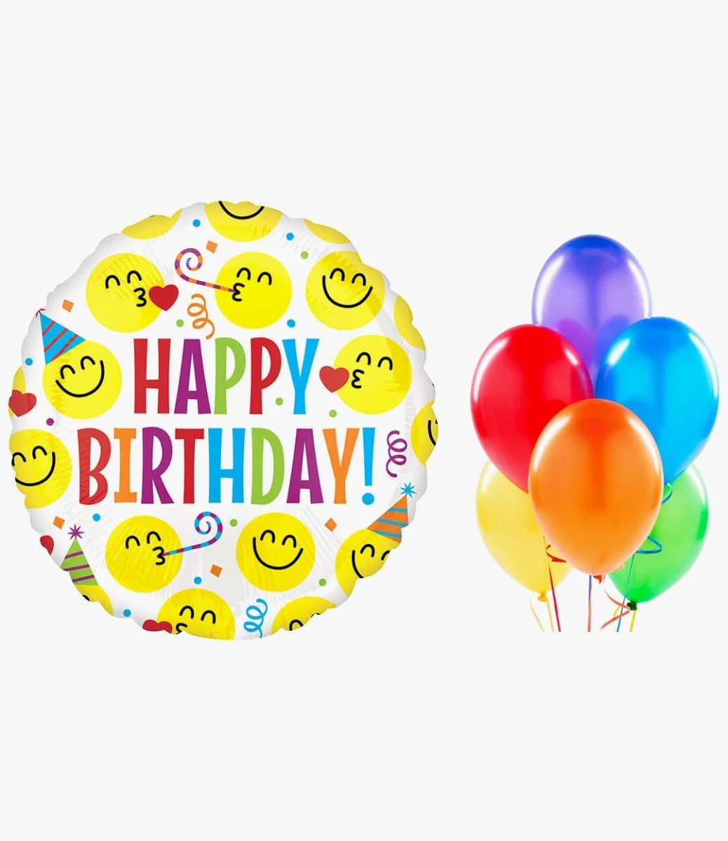 Happy Birthday Emoji Balloon and 6 Colorful Balloons