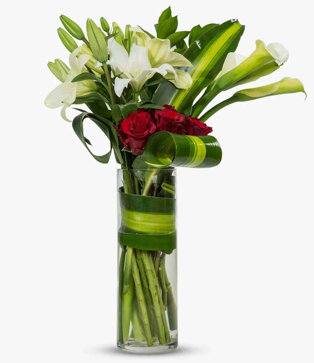 Red Rose and White Lily Arrangement