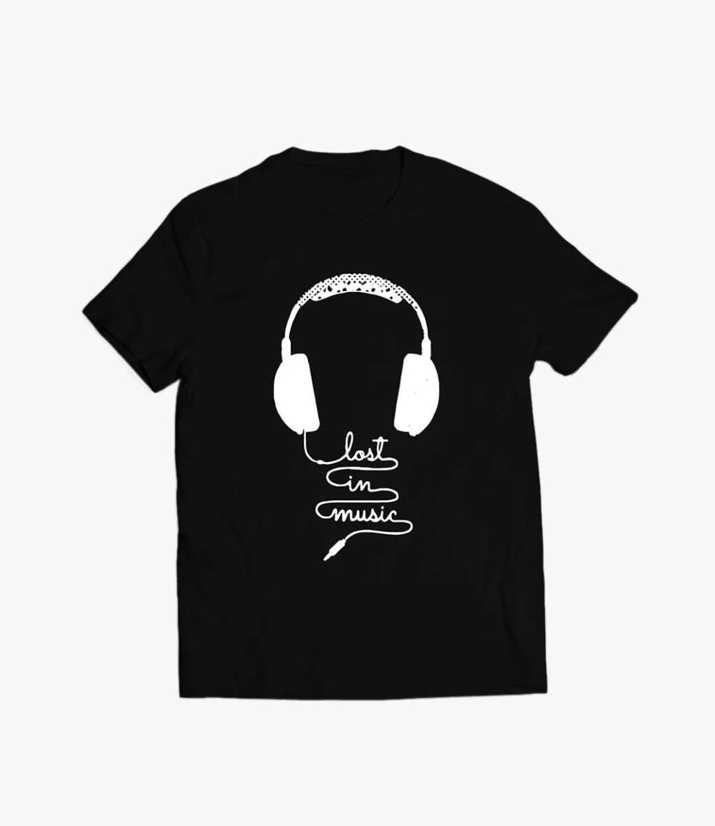 Men's Black Printed T-shirt with Writing Lost in Music