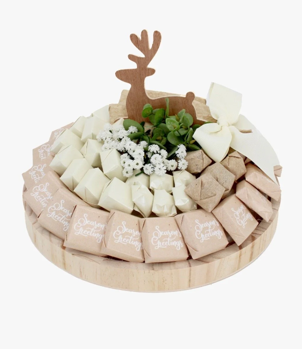 Rustic Christmas Chocolate Wood Round Tray by Le Chocolatier