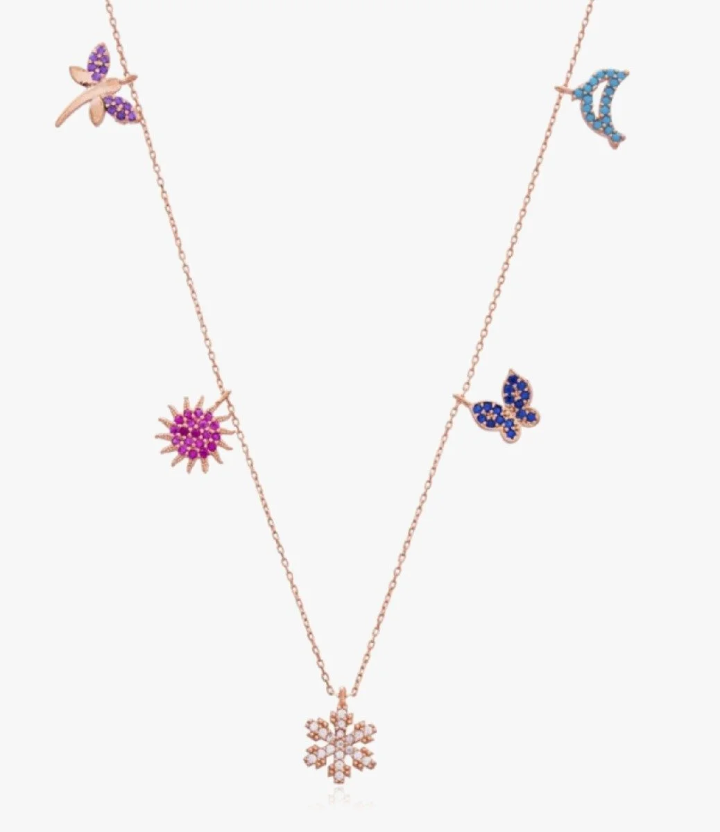 Gold-plated and Colorful Zircon Necklace Decorated With Butterfly, Dolphin and Flower
