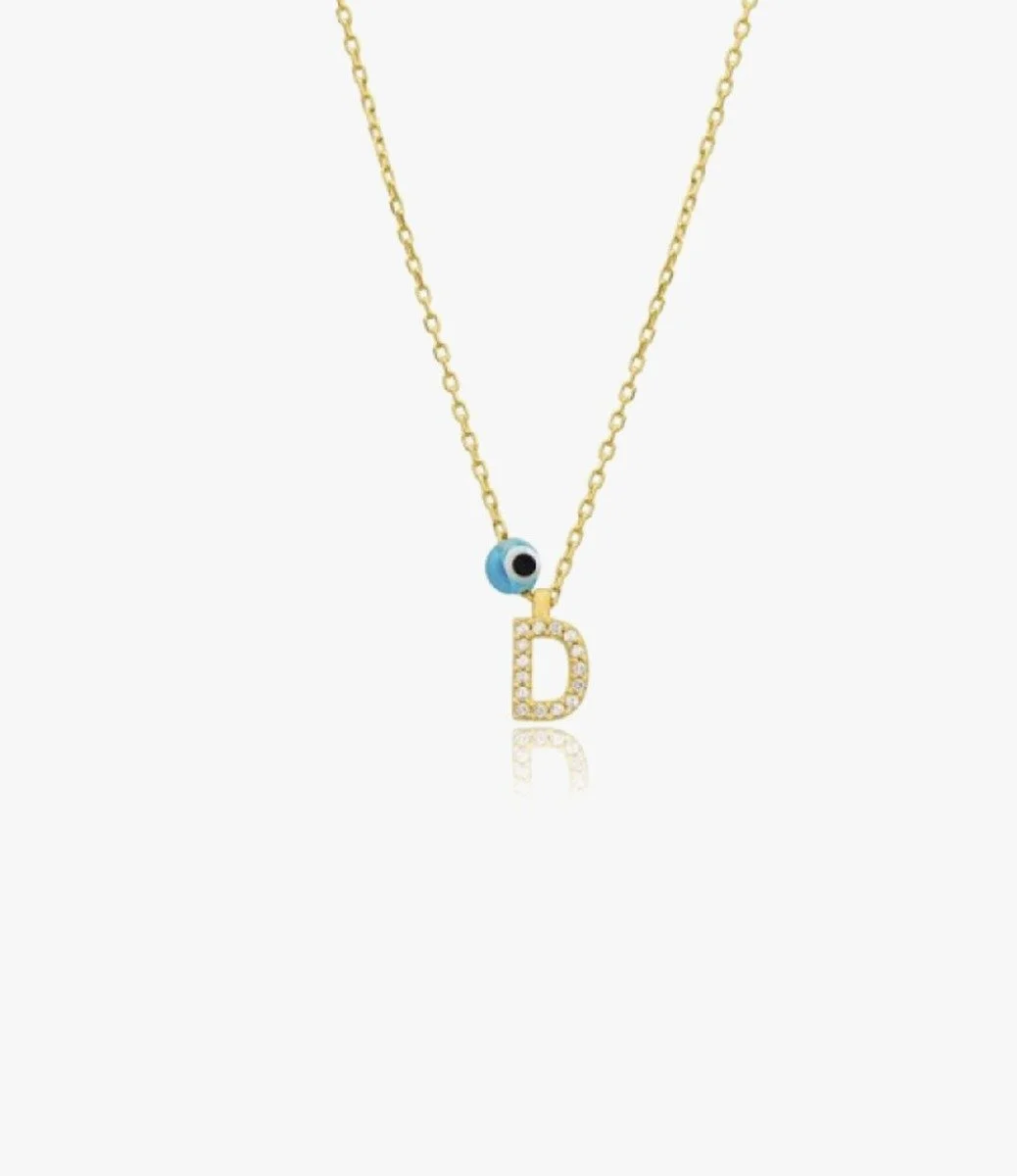 Golden Necklace With Letter D and Blue Bead by NAFEES