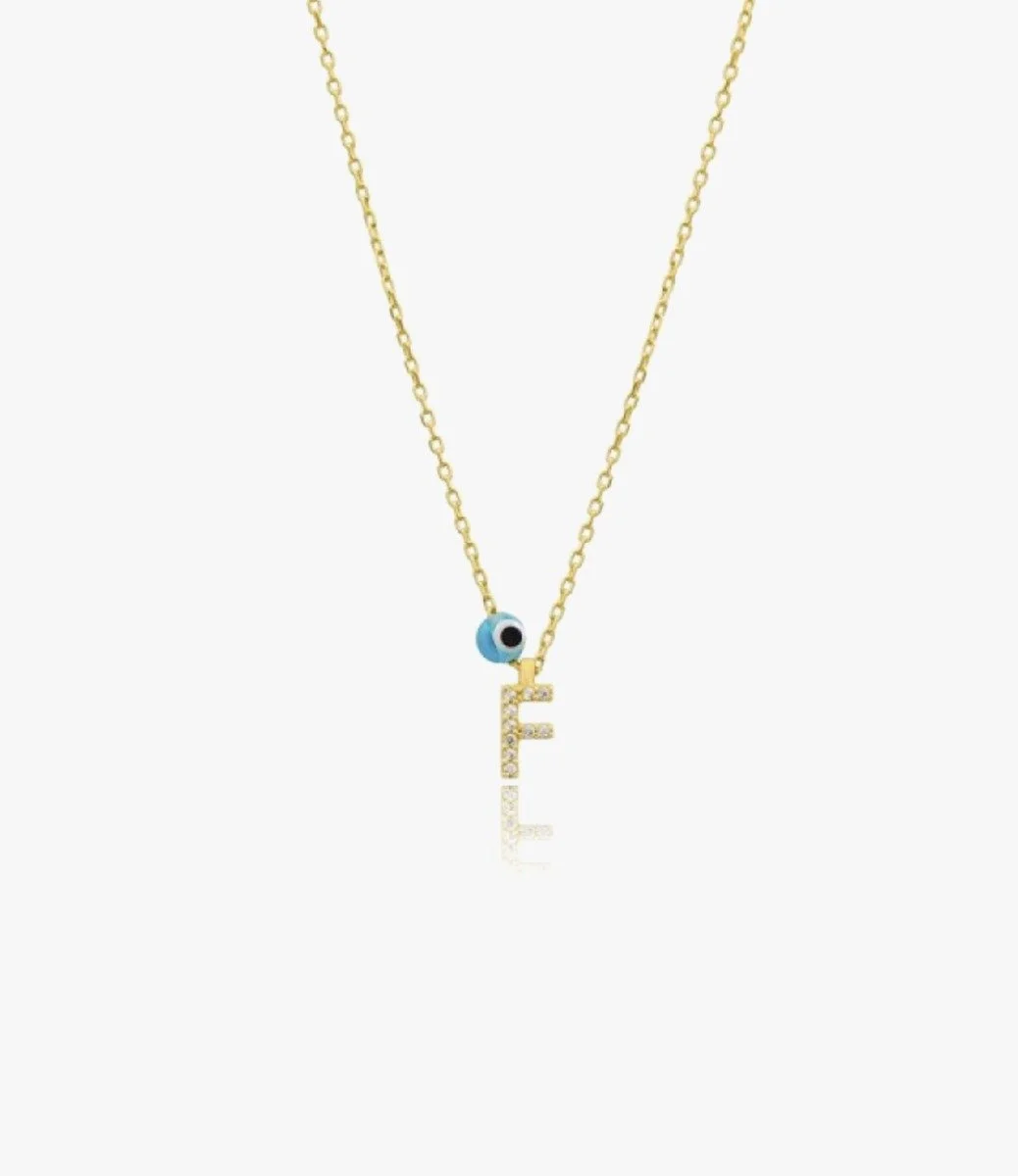 Gold Necklace Decorated With Letter F and Blue Bead