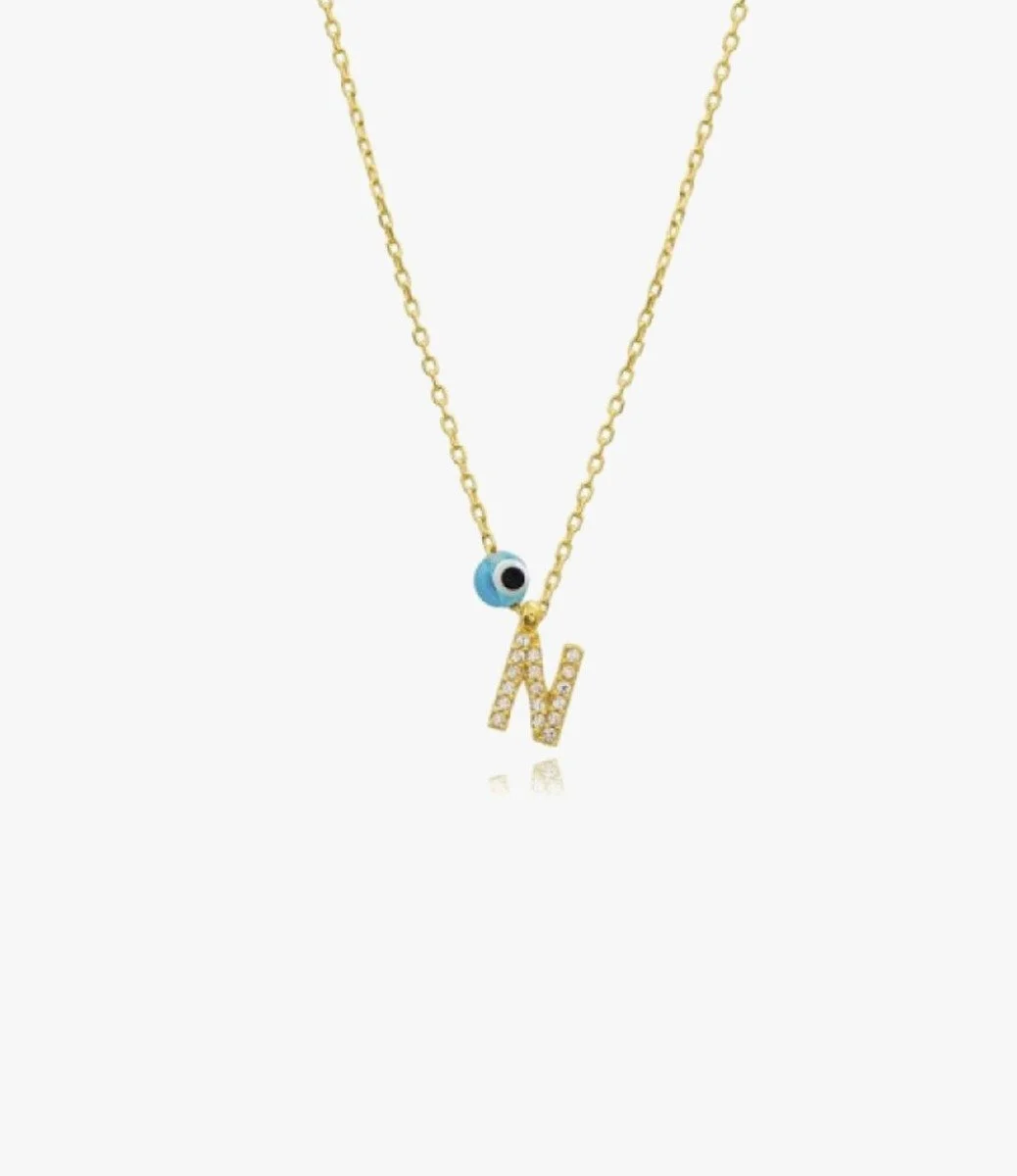 Golden Necklace With Letter N and Blue Bead by Nafees