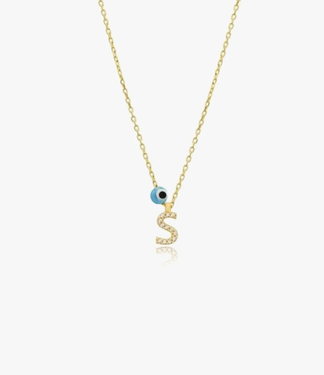 Gold Glittery Necklace With the Letter S and Blue Bead