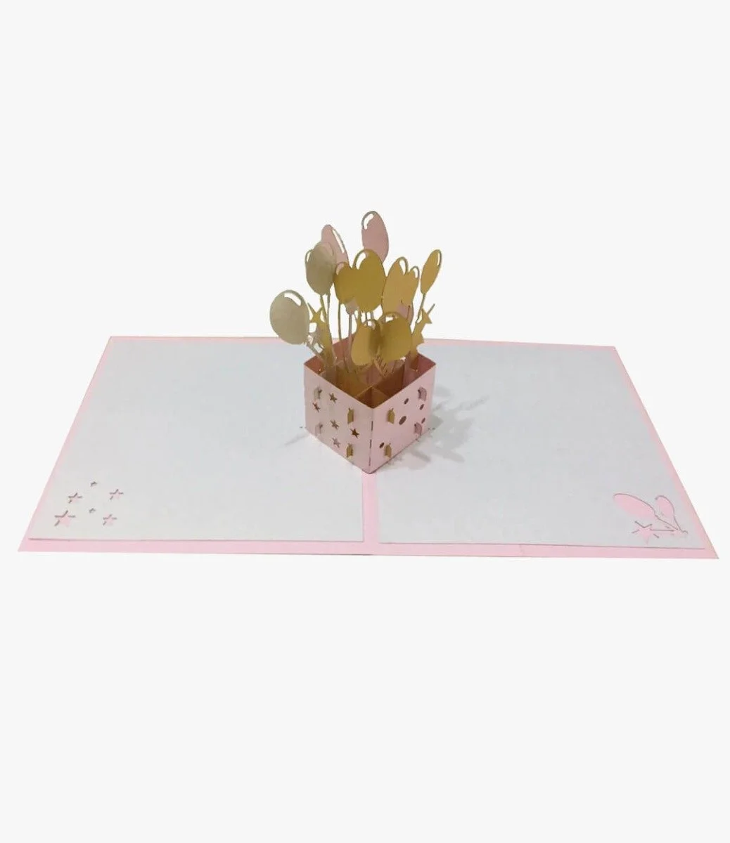 صندوق بالون وردي (ميتاليك) - بطاقة ثلاثية الأبعاد من أبرا كاردس
