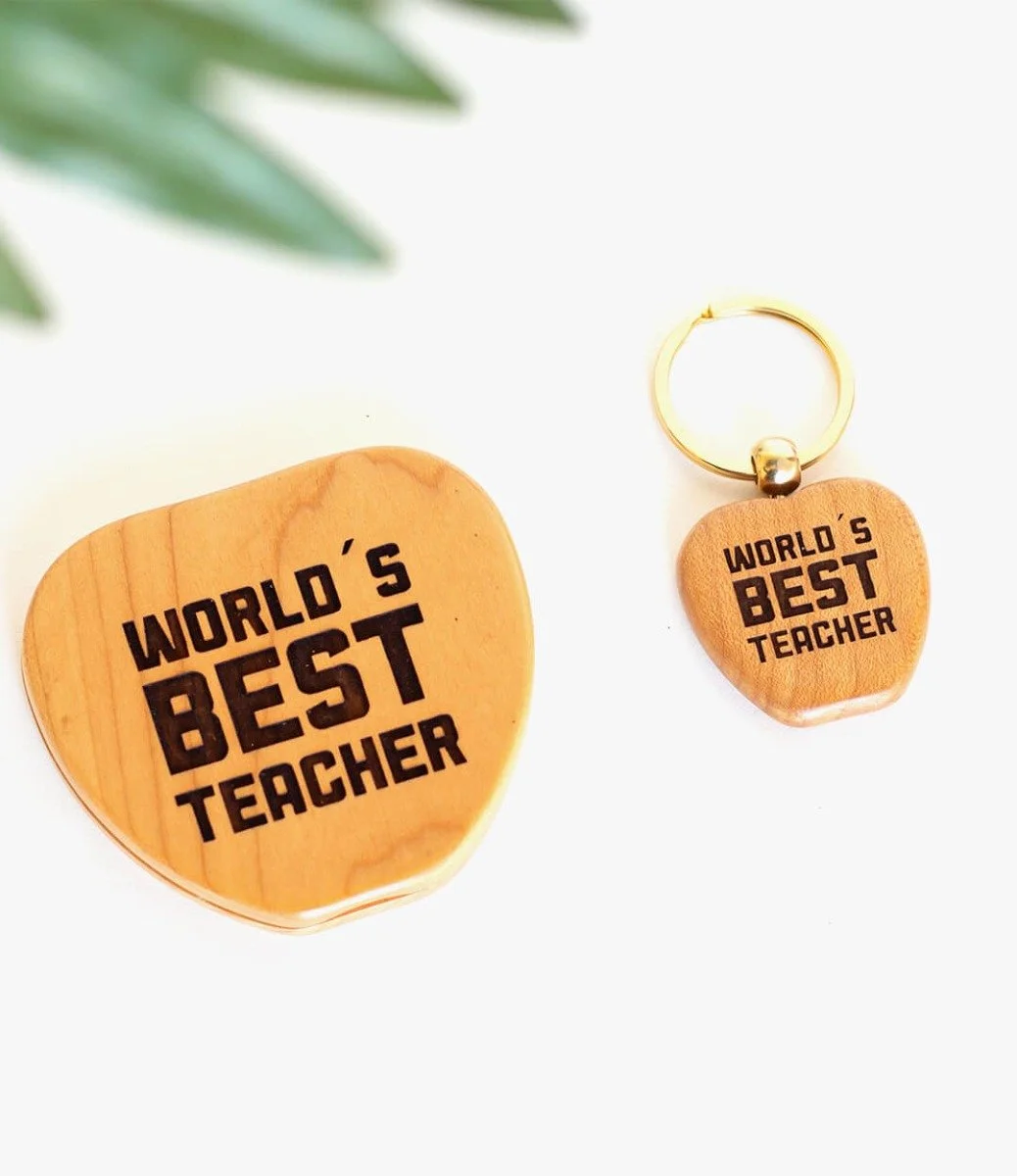 باقة أفضل معلم - سلسلة مفاتيح ومرآة على شكل تفاحة