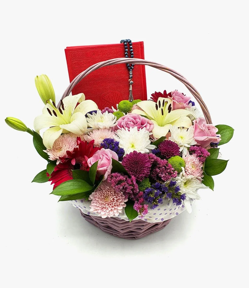 Blooming Flowers with Quran Arrangement (Red)