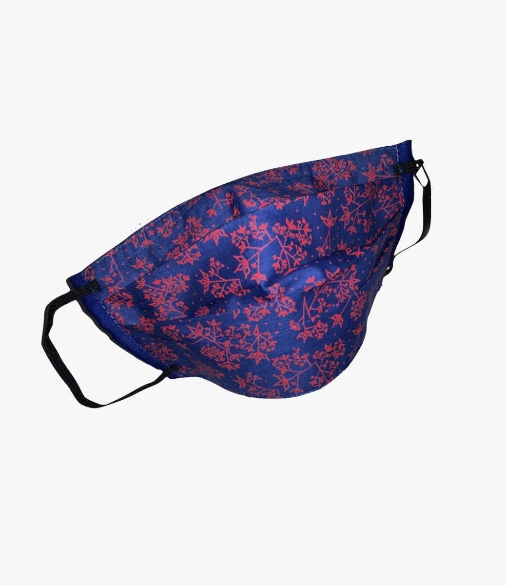 Blue Floral Face Mask With Red Print