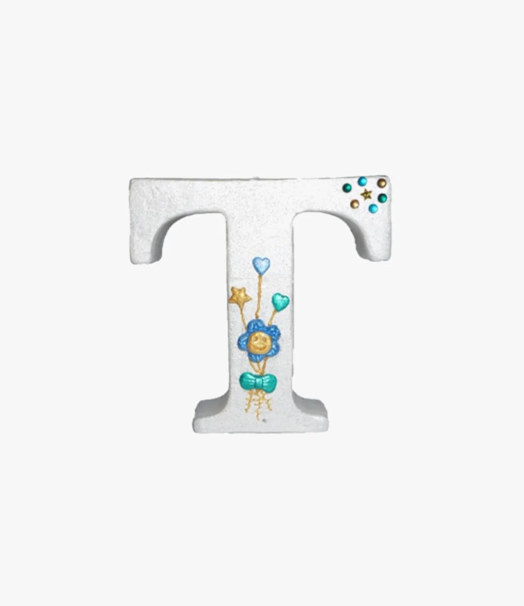 Blue Smiley Flower Letter Candle - T