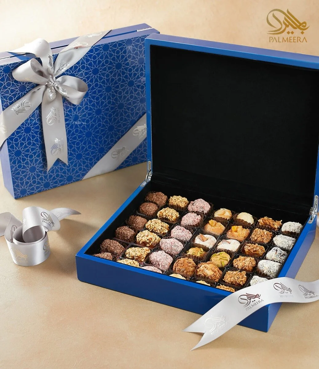 Blue Wooden Box With Paleera Stuffed dates and dessert Di Mandorla By Palmeera