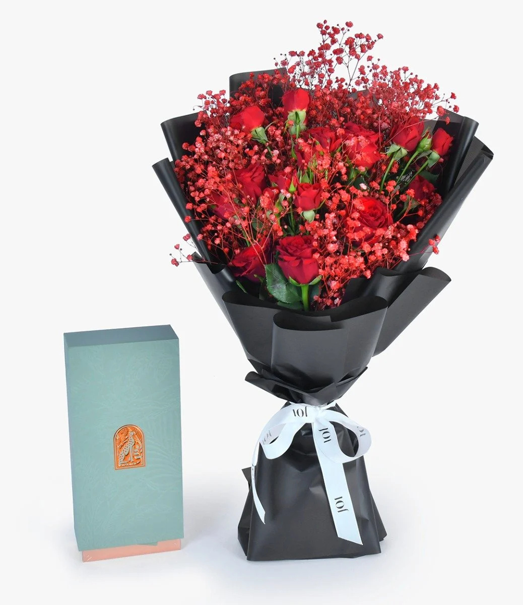 Bouquet of Red Roses with Pistachio Cubes Small By Fahda Sweet Bundle