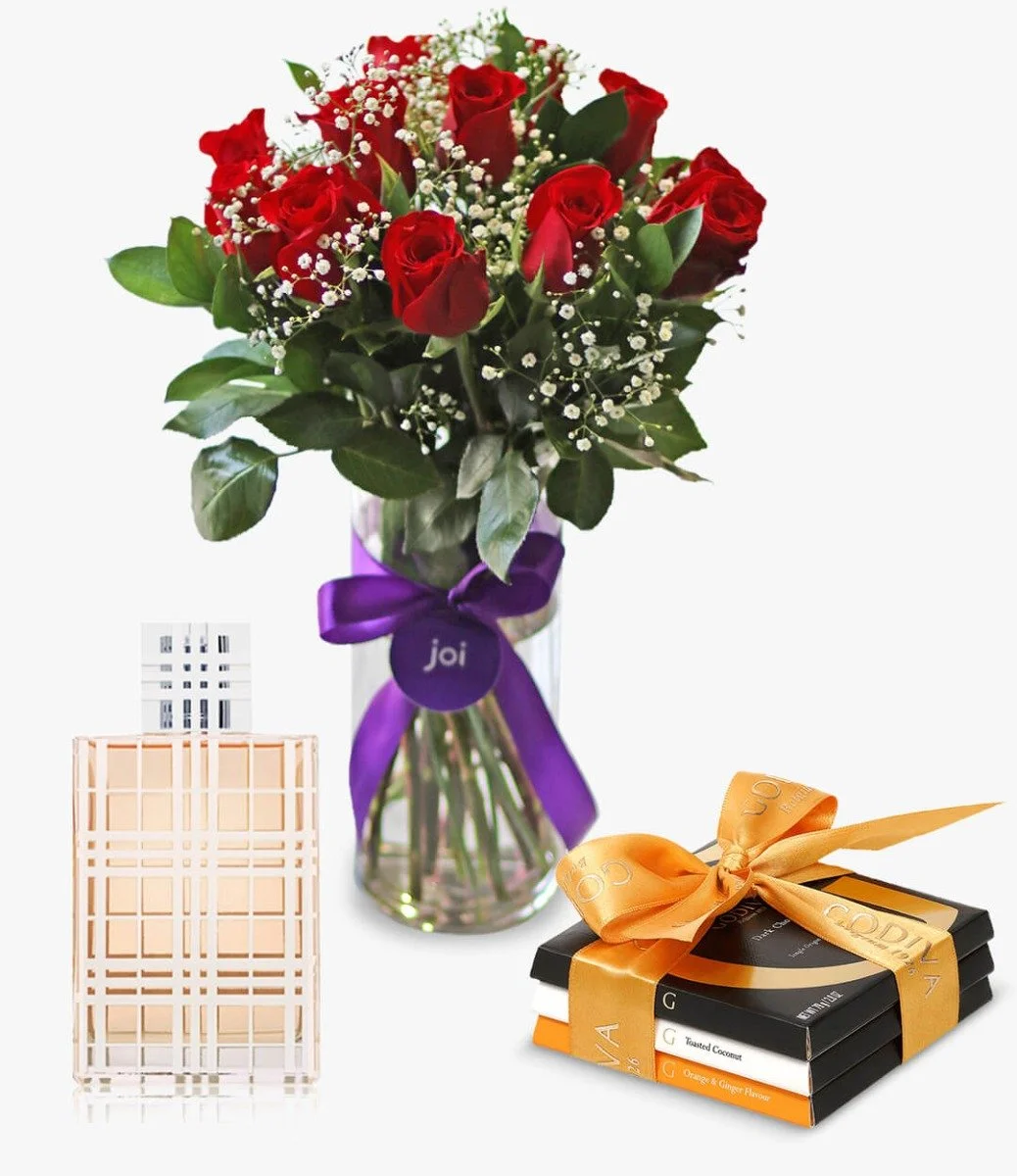 A Bundle of Roses Bouquet, Burberry's Brit Perfume, 3 Godiva G Tablets