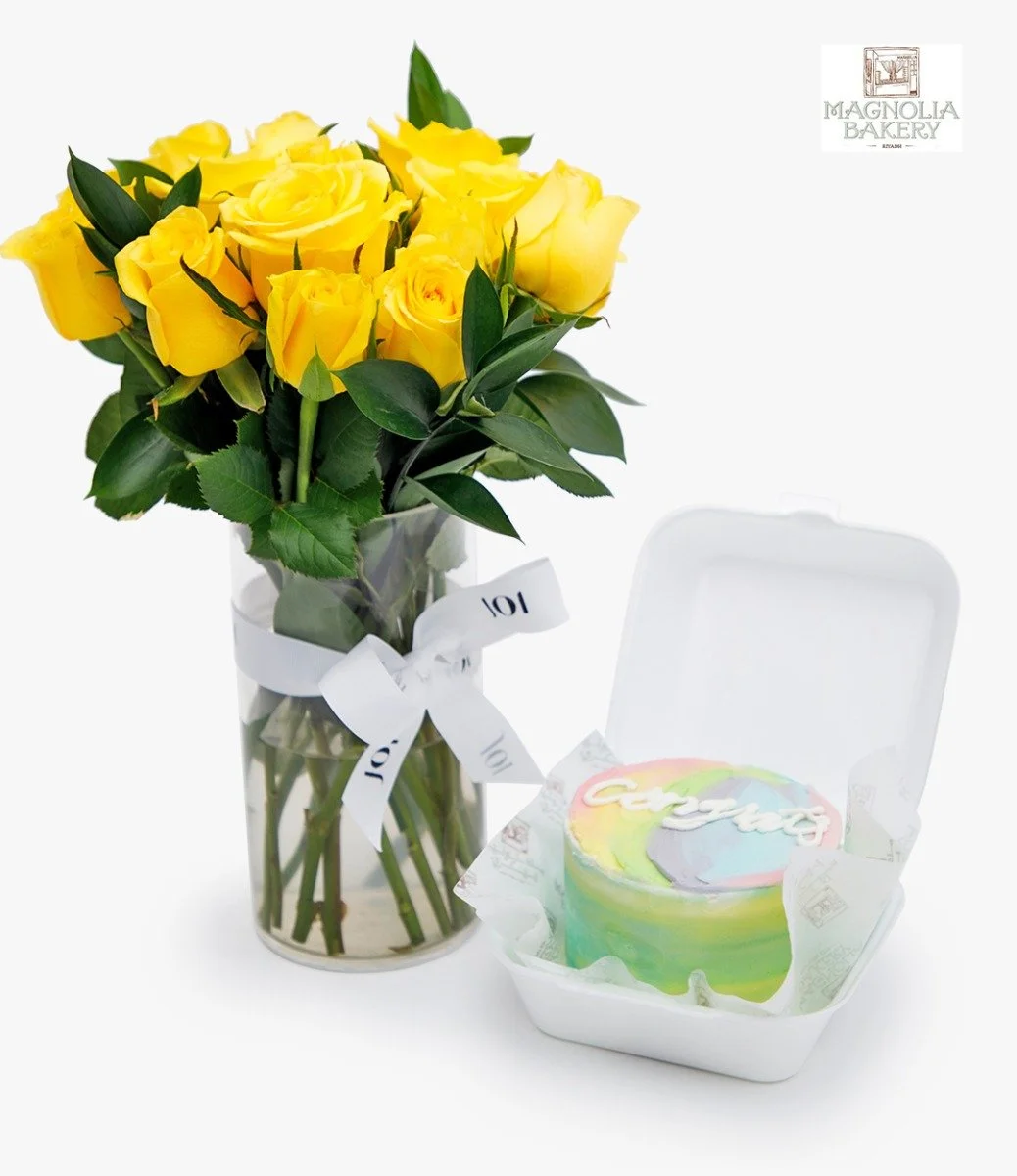 Congrats Lunch Box Cake And Yellow Roses Flowers Bundle
