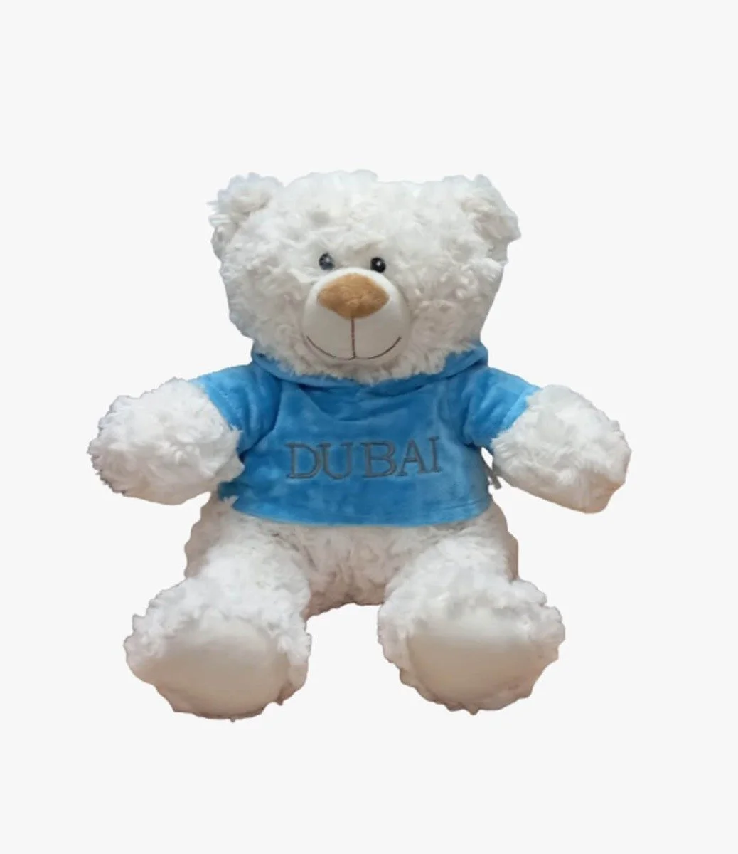 Cream Bear with trendy Blue Velour Hoodie "DUBAI" Size 38cm - Embroidered