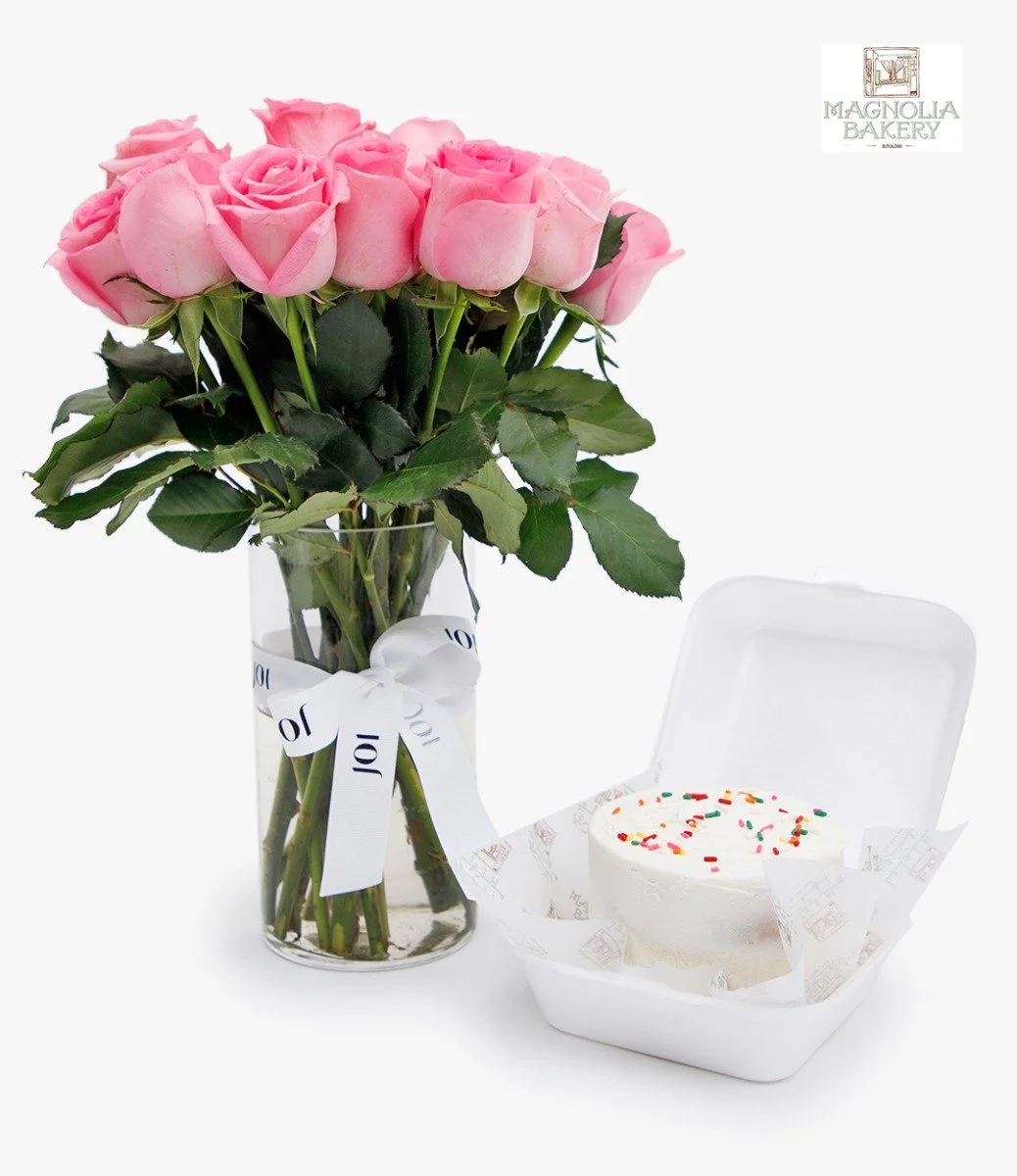 Customized Text Lunch Box Cake And Pink Roses Flowers Bundle