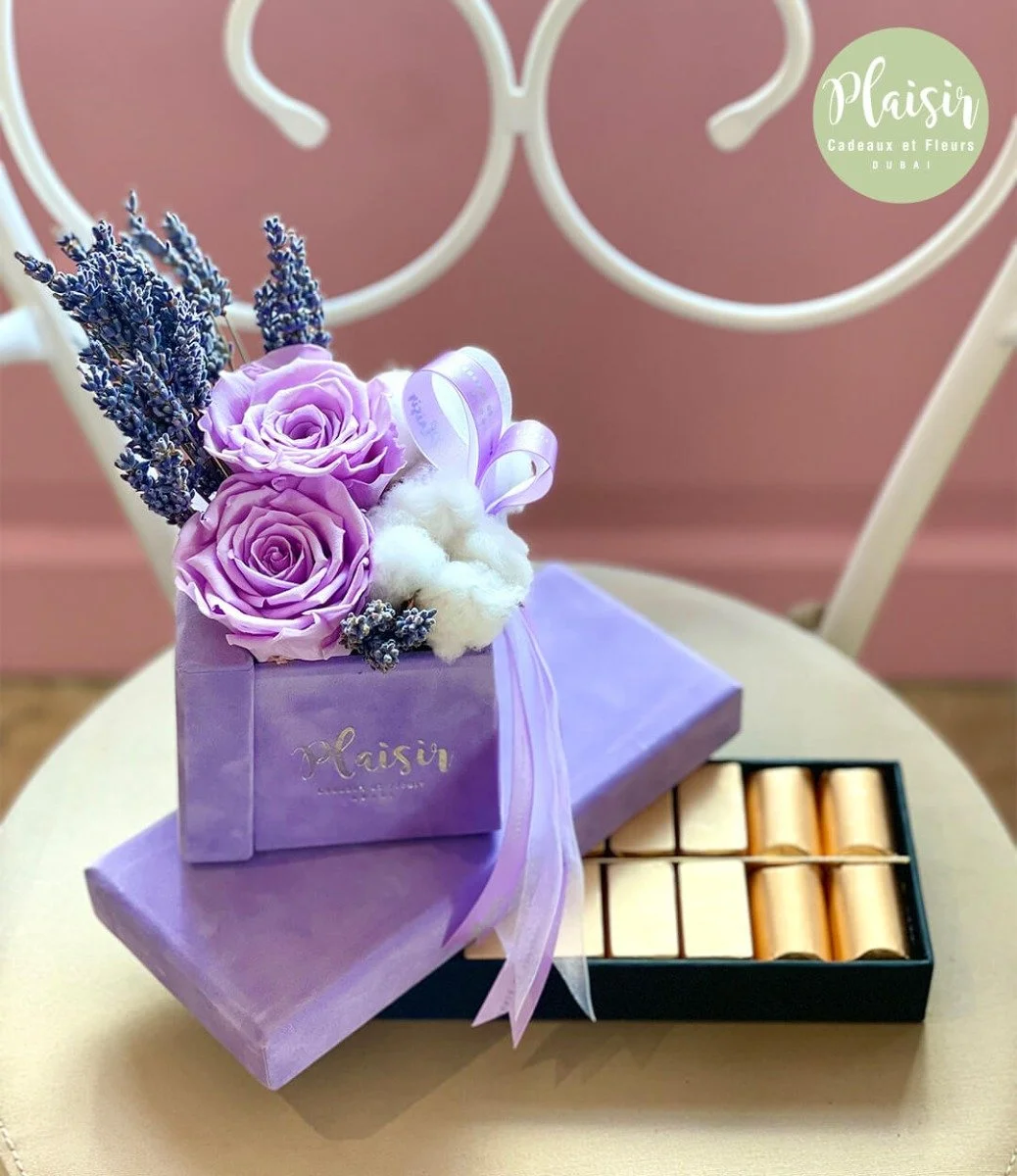 Double Infinity Rose and Patchi Chocolate Giftset in Lilac by Plaisir