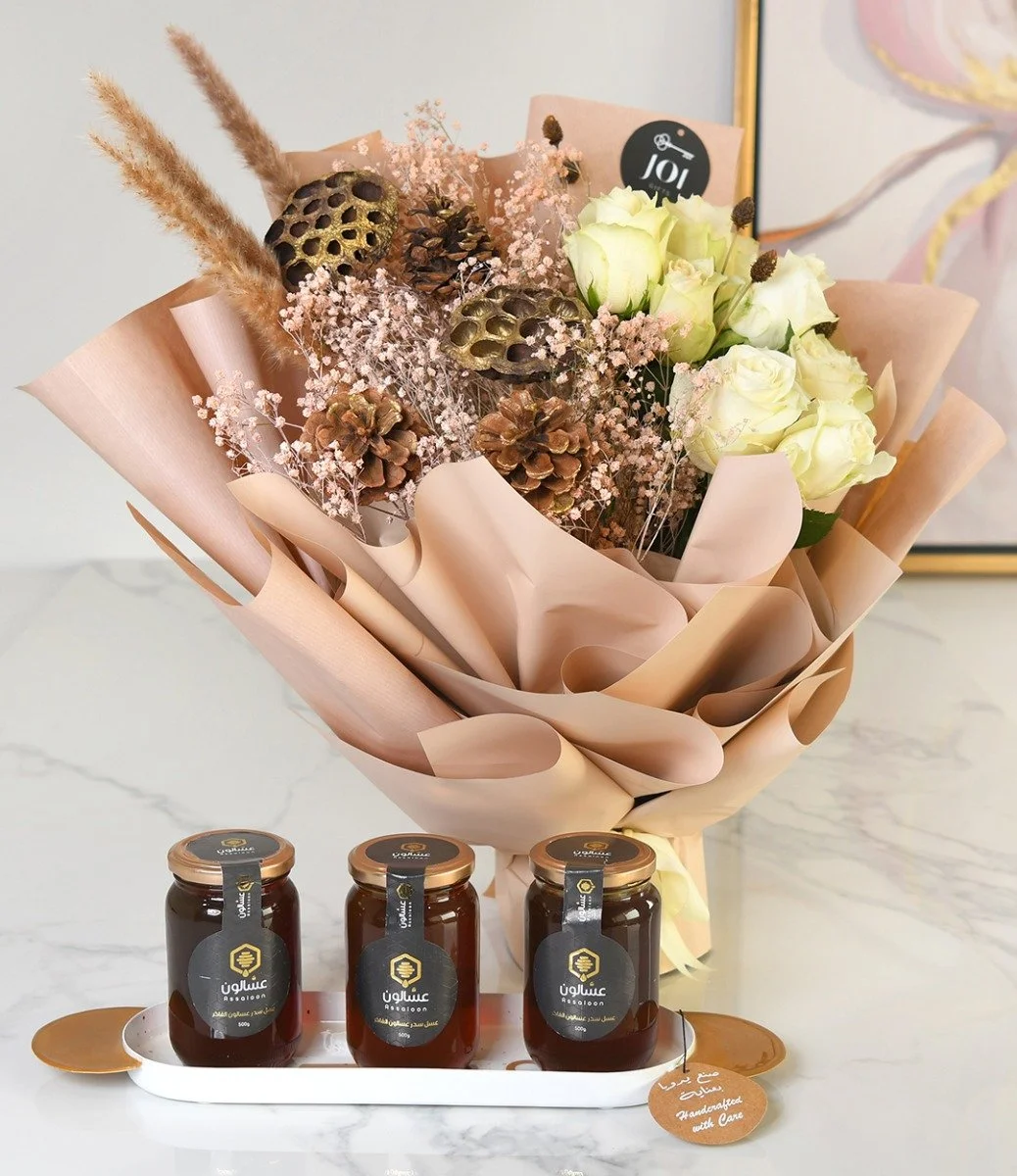 Dried Wood Vase Bouquet and Golden Honey Set with a Serving Metal Tray By Blends