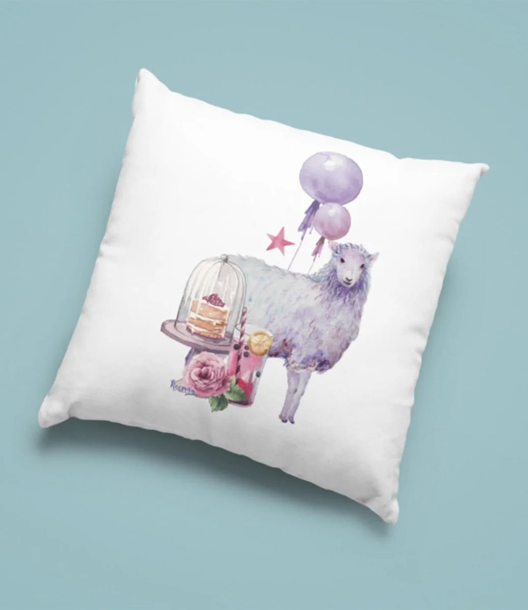 Eid Cushion With Lamb, Cake and Balloons Design