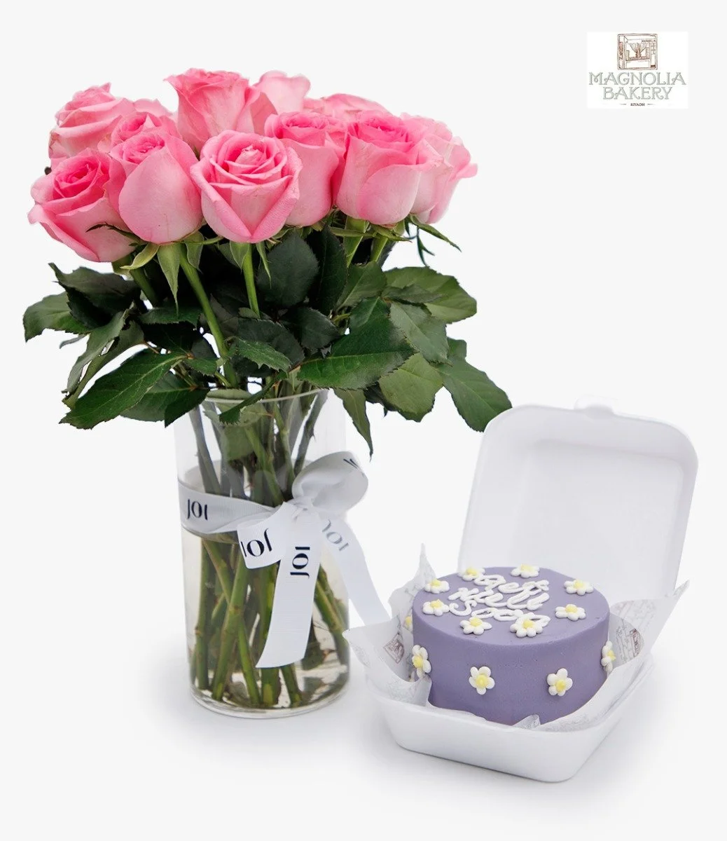 Get Well Soon Lunch Box Cake And Pink Roses Flowers Bundle