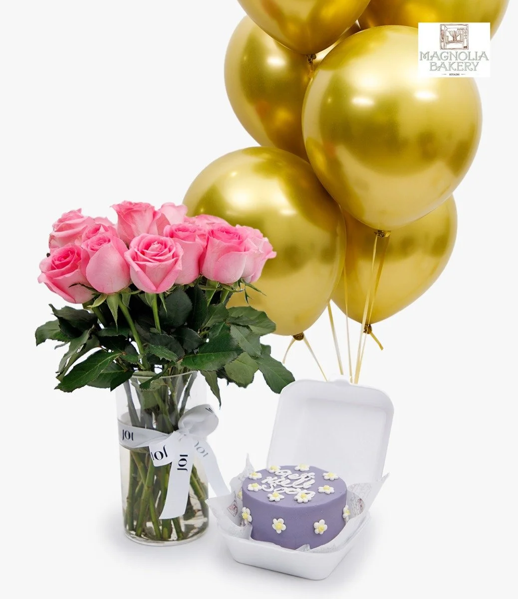 Get Well Soon Lunch Box Cake, Pink Roses Flowers And Balloons Bundle