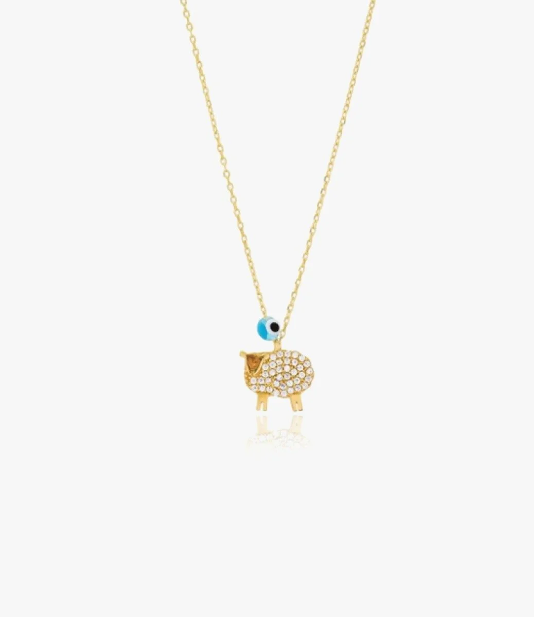 Gold Glittery Necklace With Lamb and Blue Bead Pendants