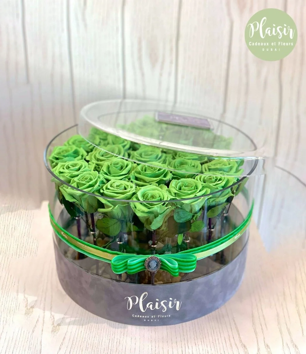 Green Infinity Roses in Round Acrylic By Plaisir