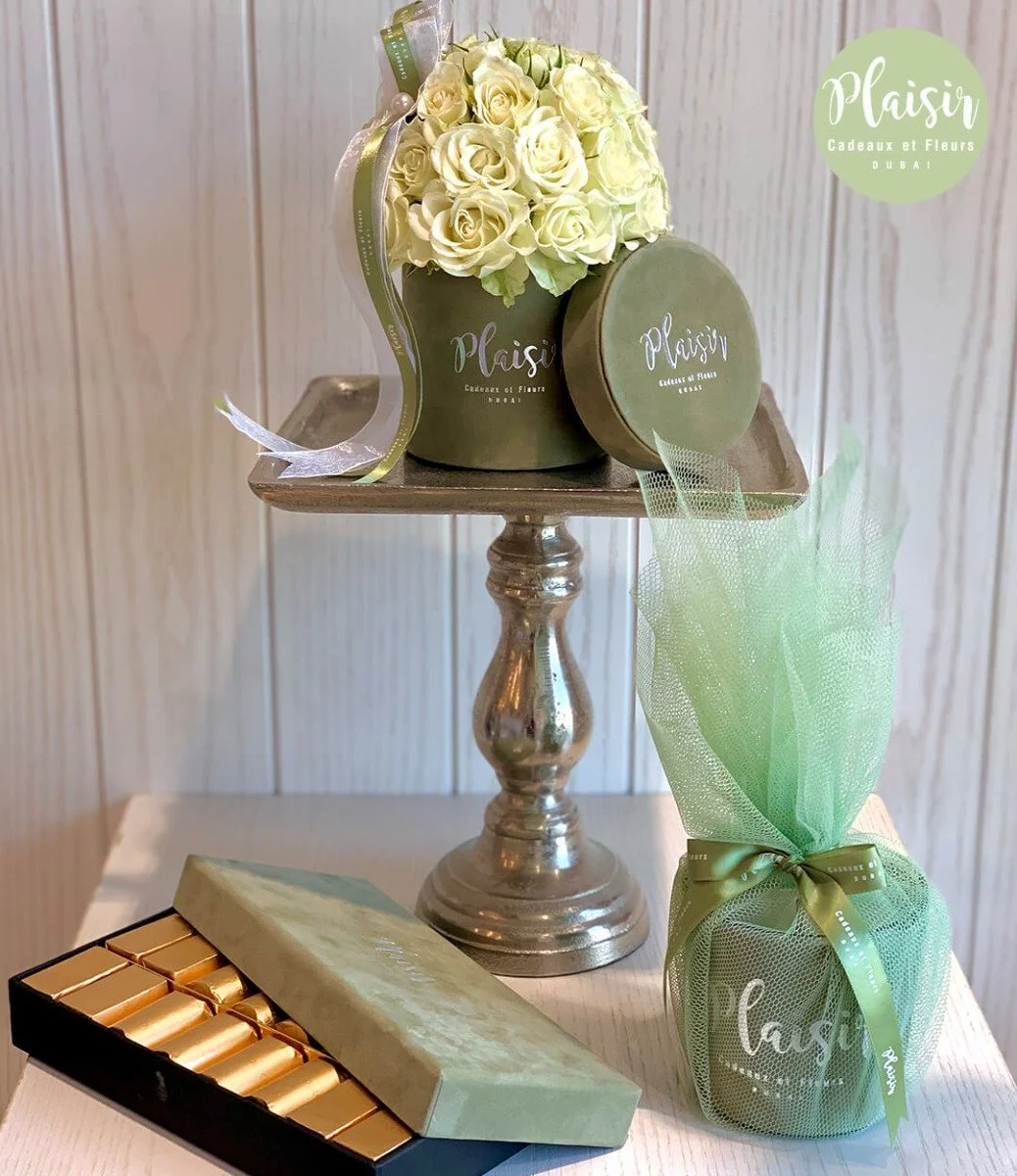 Green Mini Rose Dome With Chocolates & Candle By Plaisir