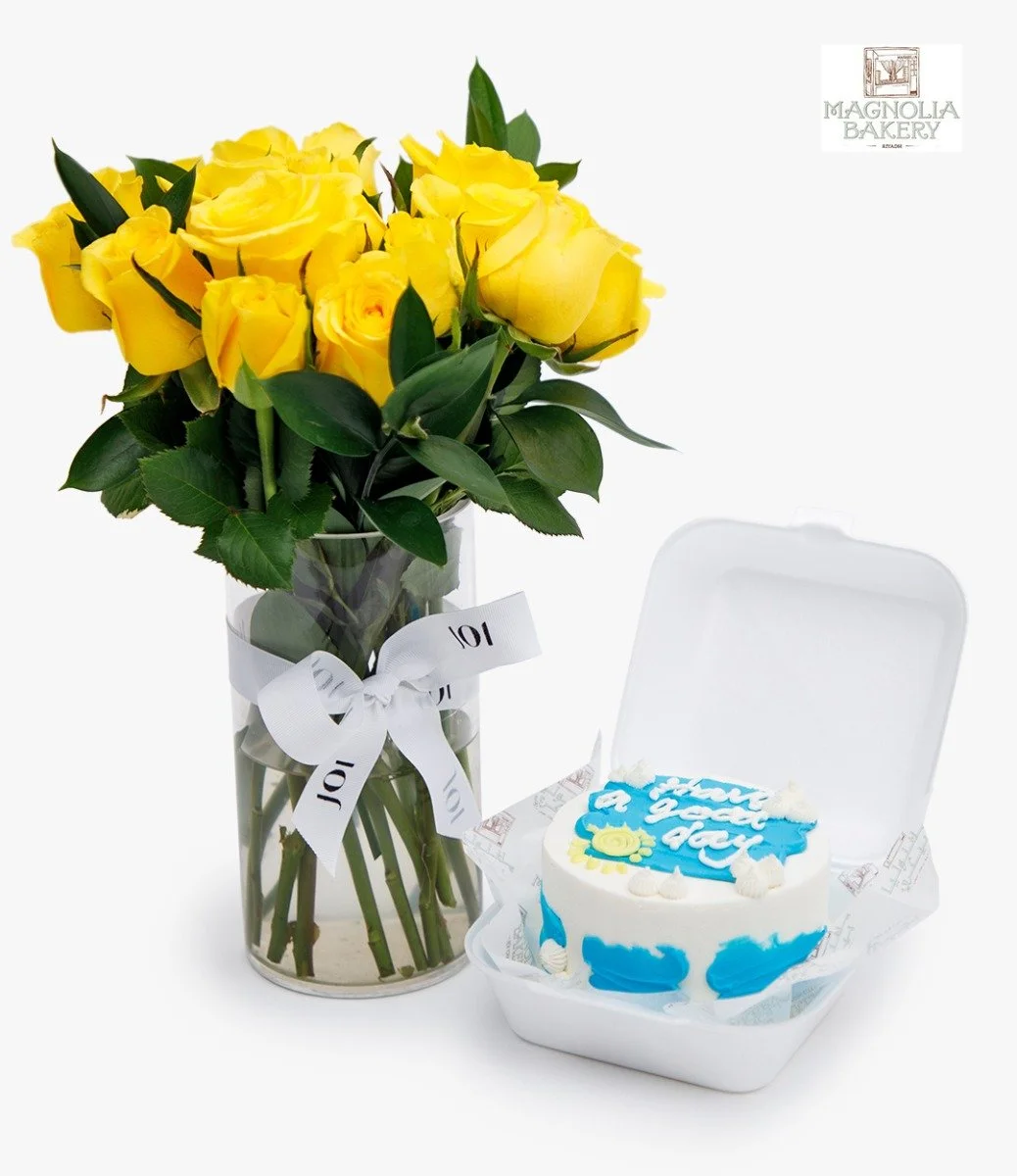 Have A Nice Day Lunch Box Cake And Yellow Roses Flowers Bundle