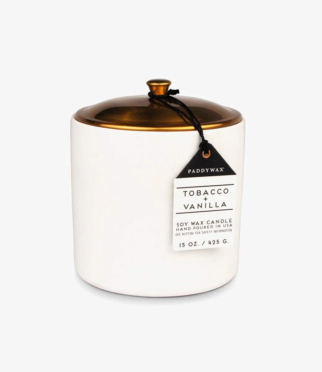 Hygge 15 Oz. White Ceramic With Lid Tobacco Vanilla by Paddywax
