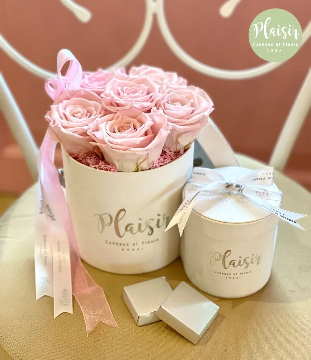 Infinity Cylinder with Pink Roses and Patchi Chocolates in White Box by Plaisir
