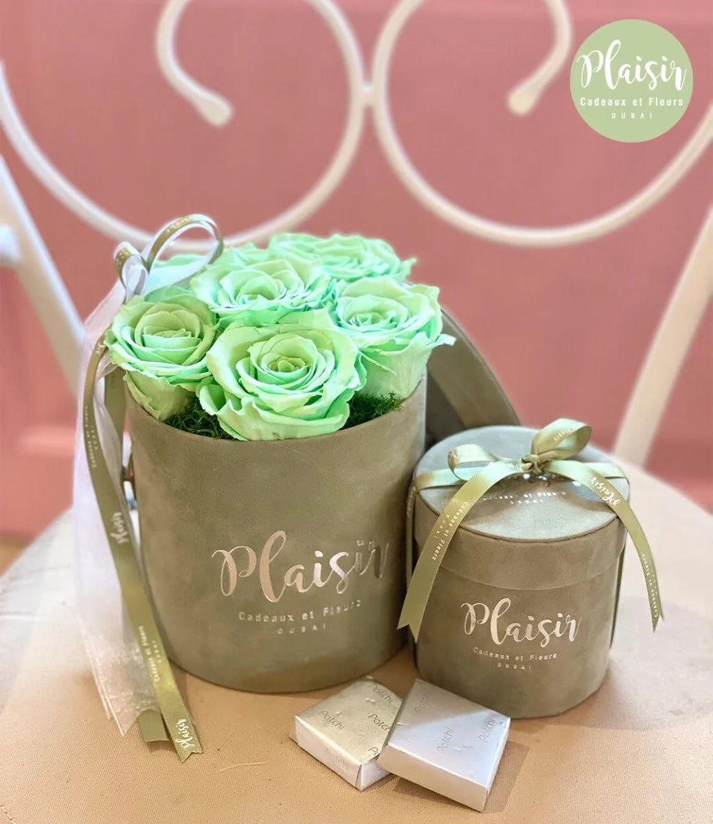 Infinity Rose Cylinder and Patchi Chocolate Giftset in Olive by Plaisir
