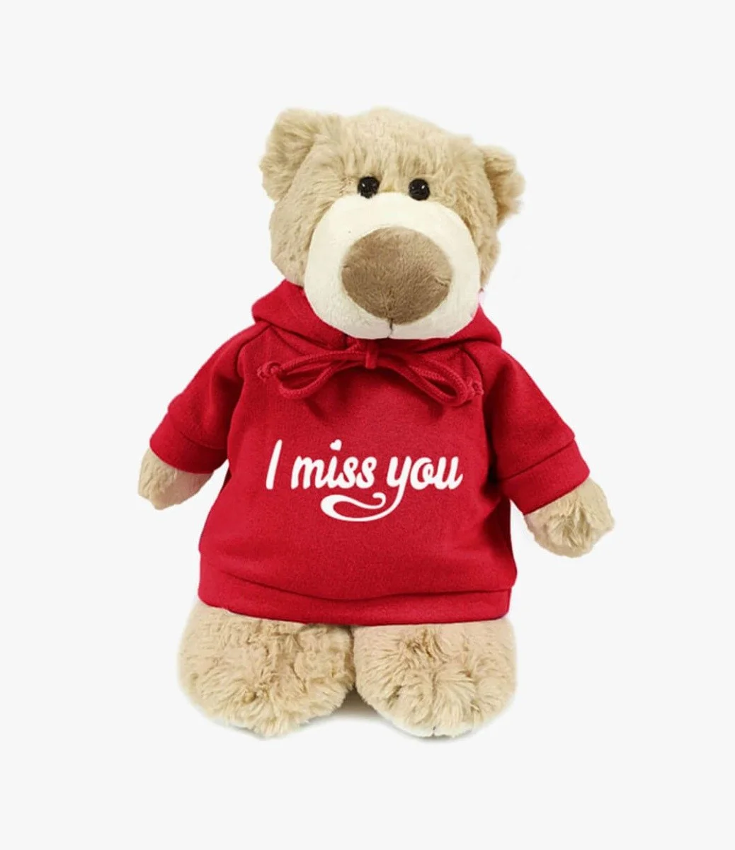 Mascot Bear in Red Hoodie "I Miss You" by Fay Lawson