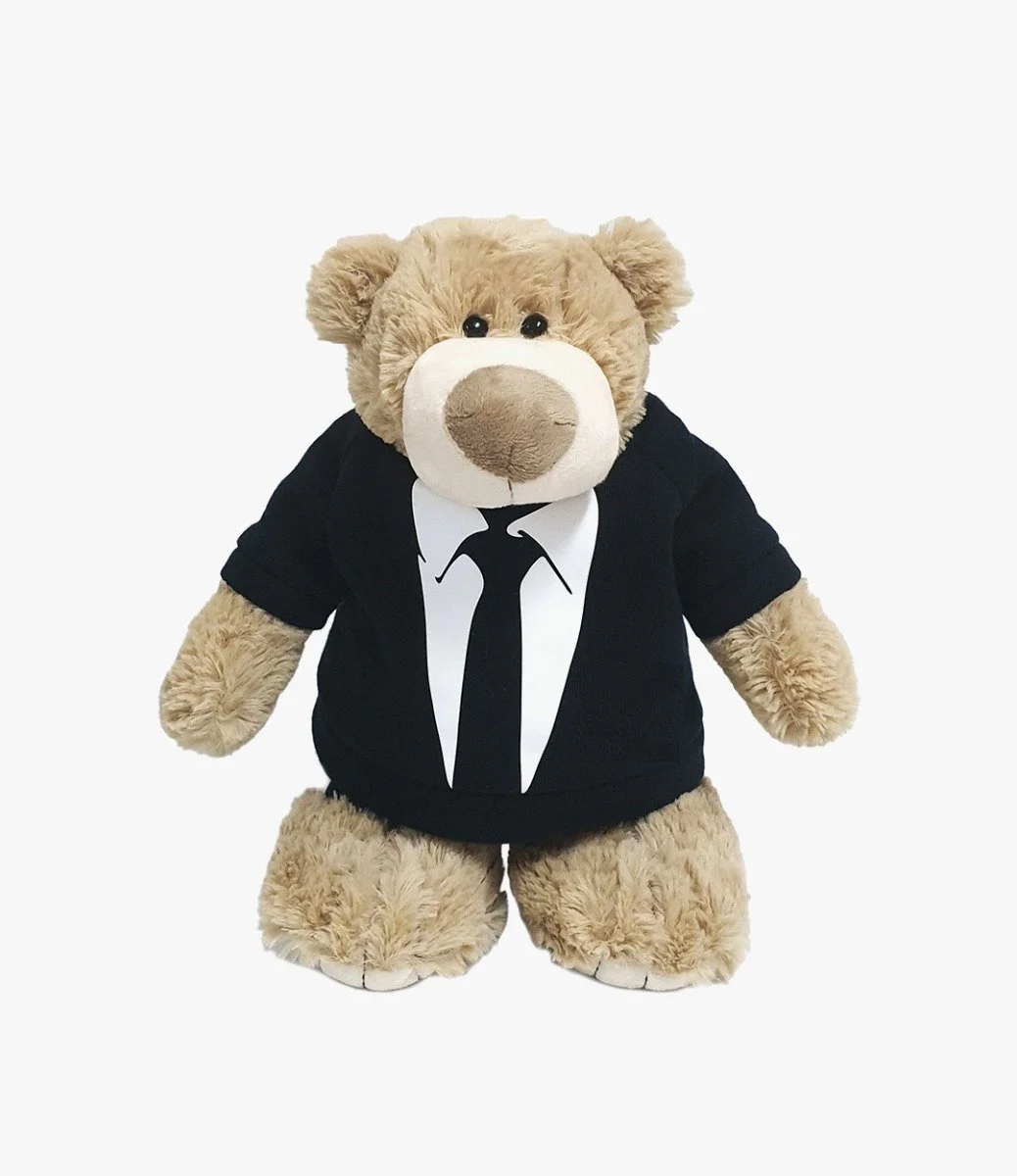 Mascot Bear with trendy Black Suit 28cm by Fay Lawson