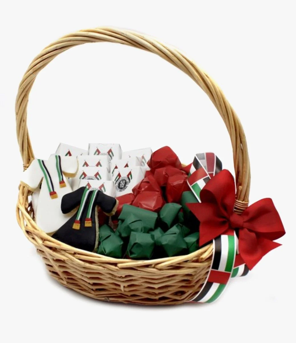 National Day Basket with Character Cookies By Le Chocolatier