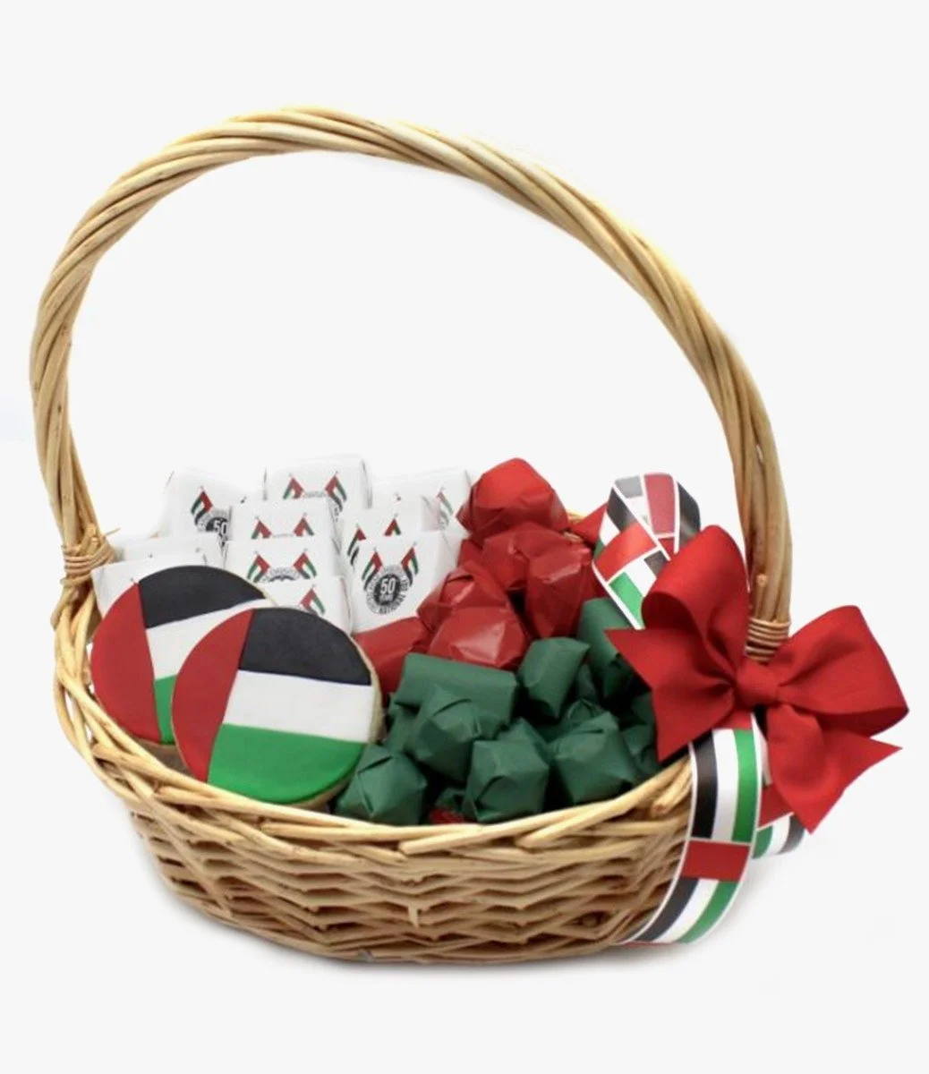 National Day Basket with Flag Cookies By Le Chocolatier