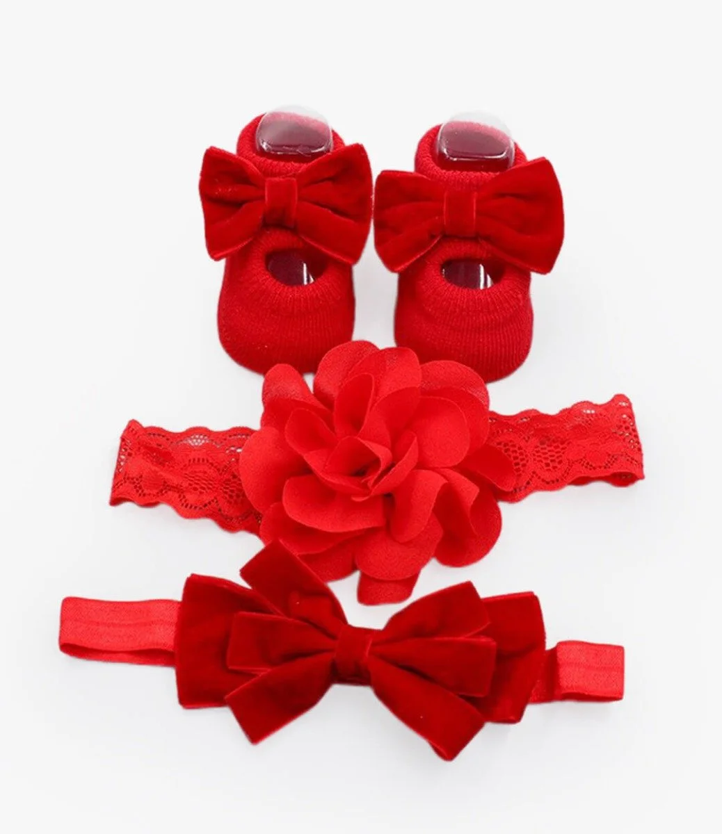 Newborn red velvet socks & headband Set  By Fofinha