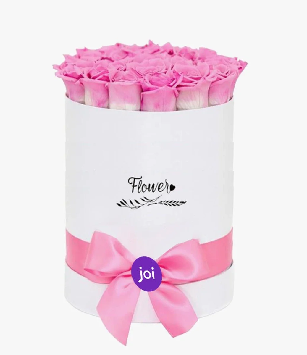 Pink Roses in a Cylindrical  White Box (15-20 roses)