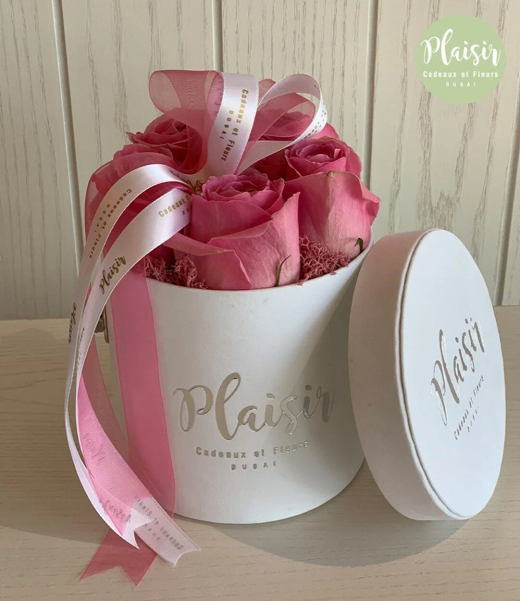 Pink Roses In A Cylinder Box By Plaisir