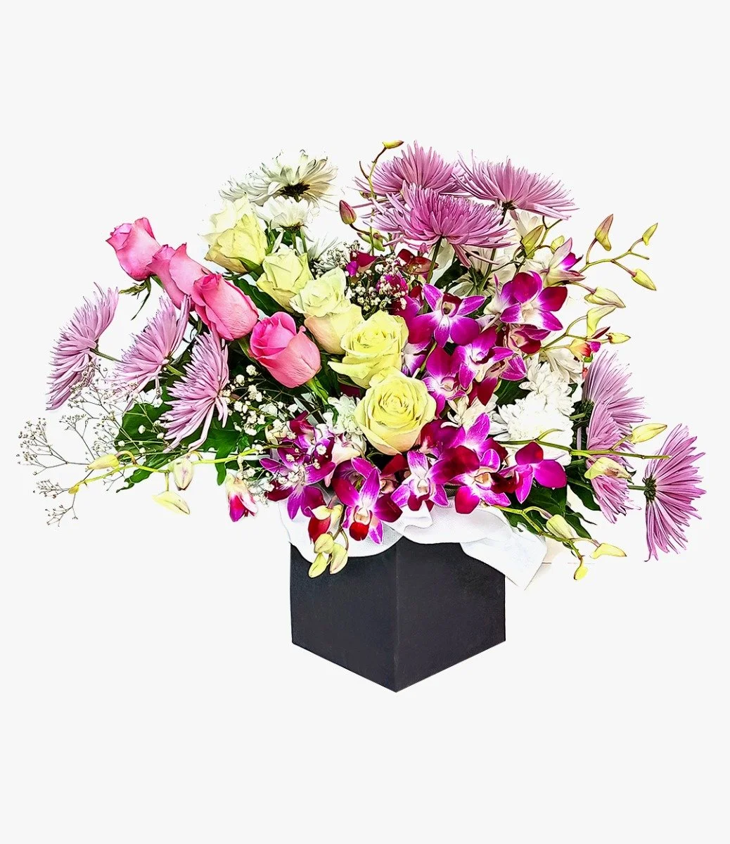 Pink Roses With Purple Orchids and White Flowers in Box