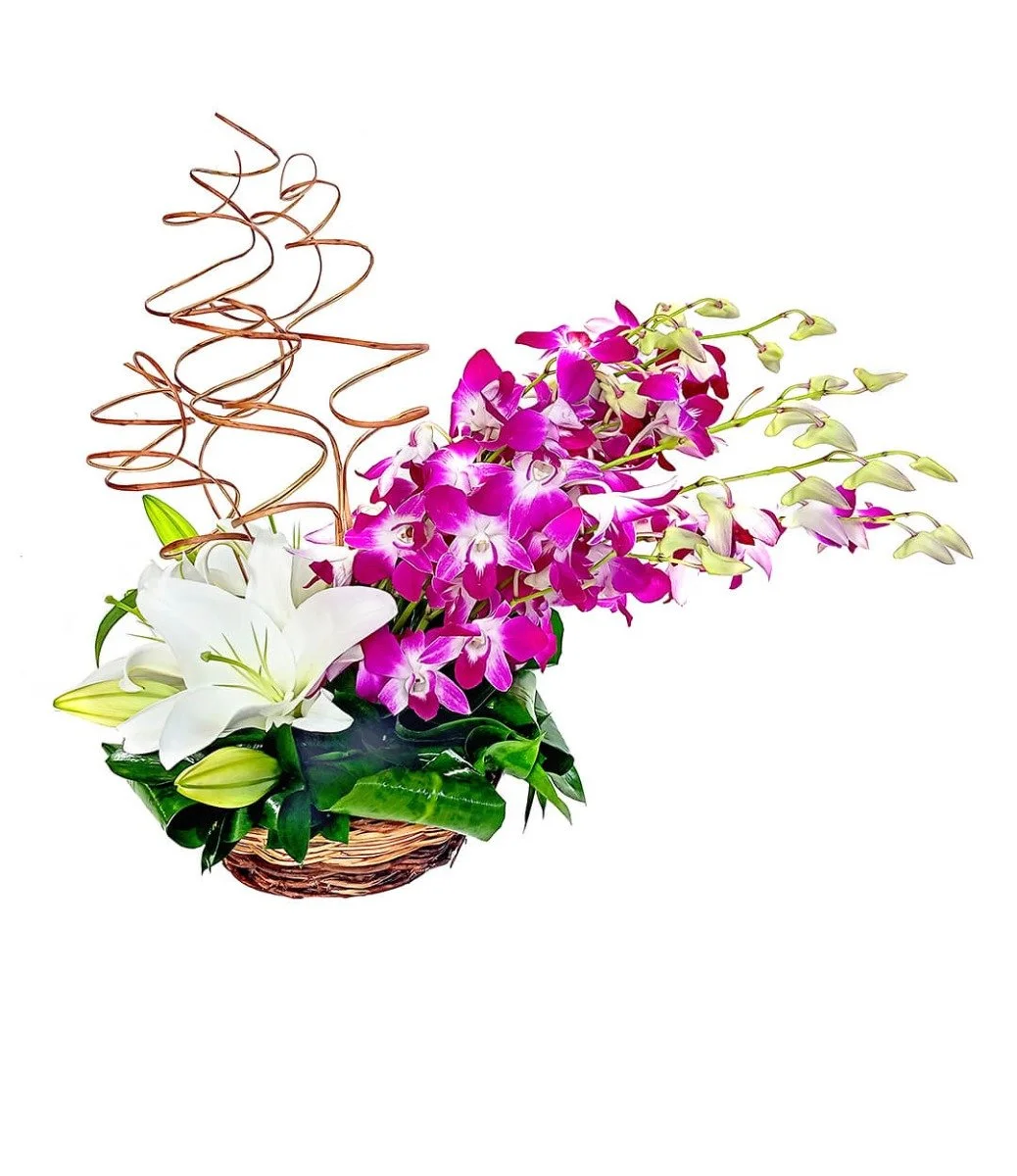 Purple Orchids and White Lilies