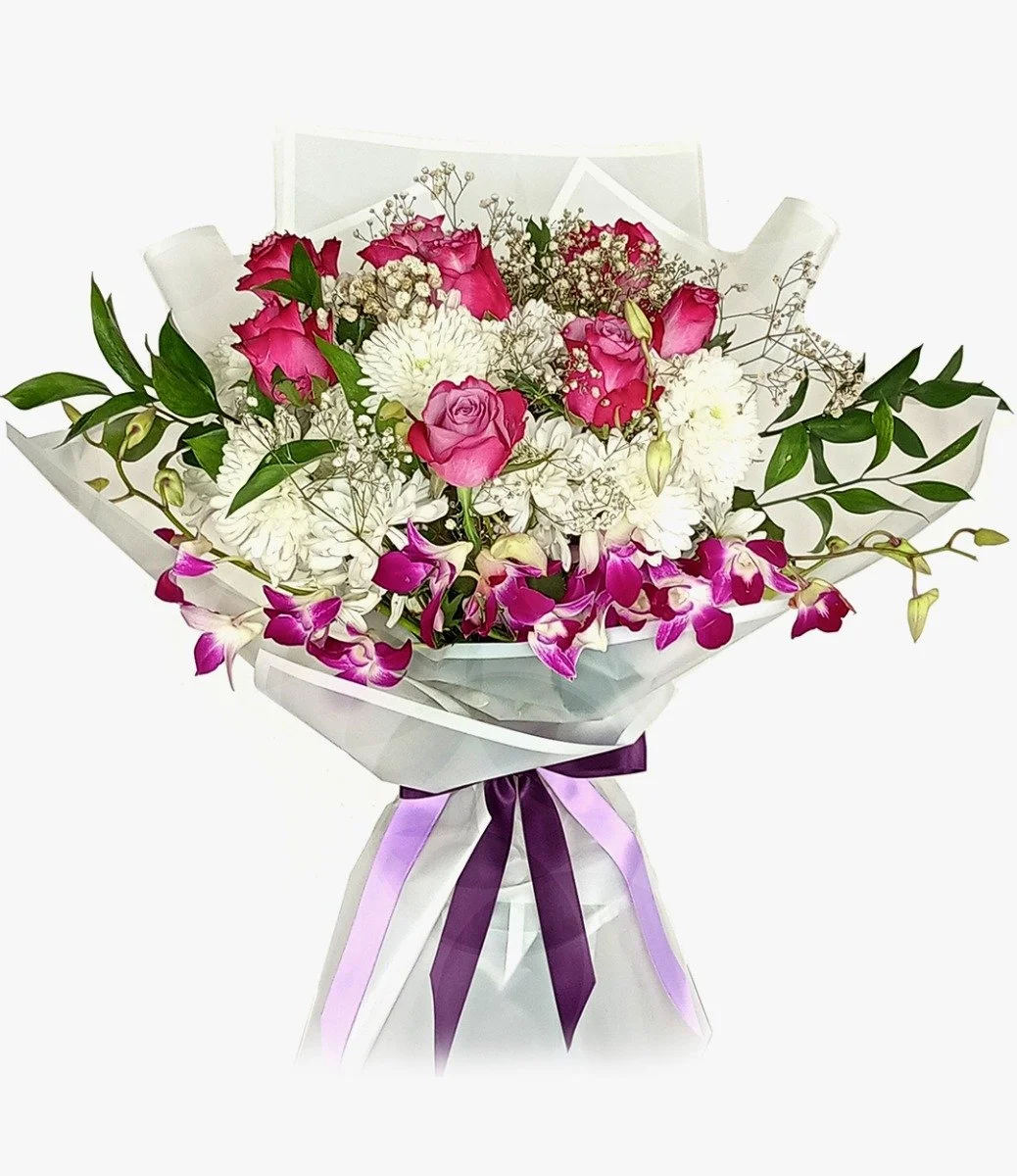 Purple Roses and Orchid with White Chrysathemums