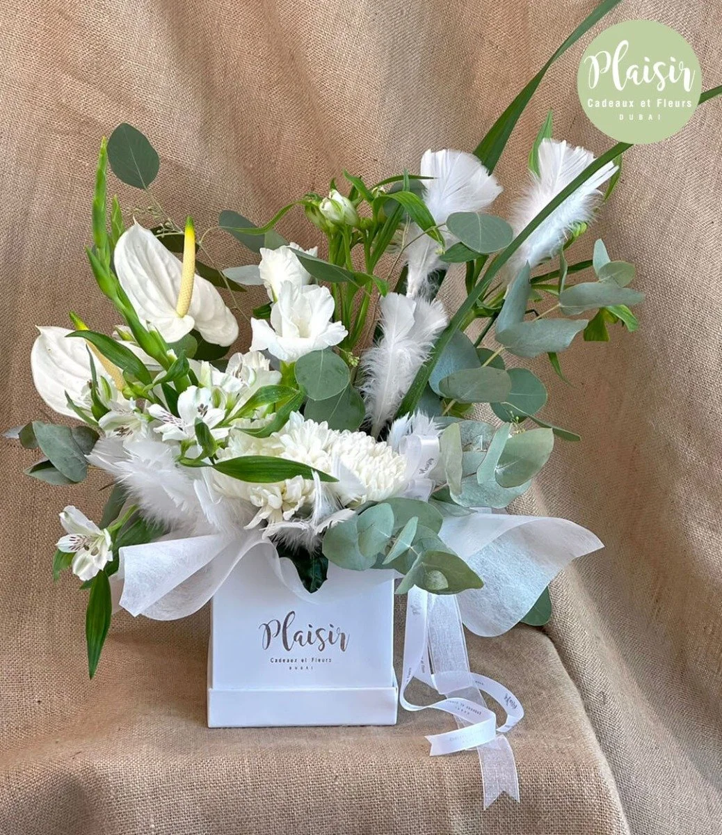 Seasonal White Flowers in White Box By Plaisir