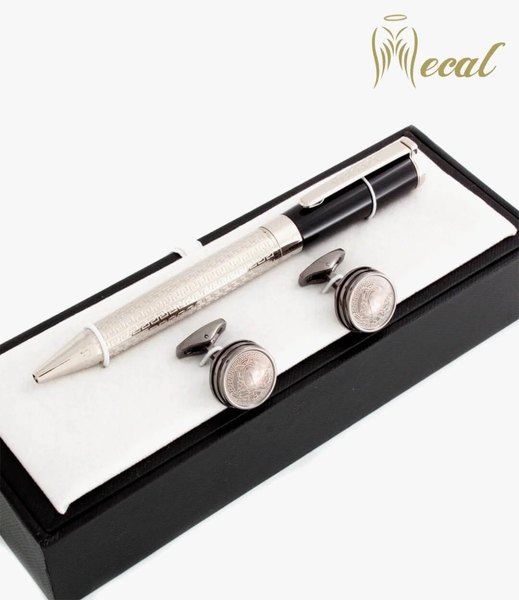 Silver & Black Pen & Cufflinks Gift Set by Mecal