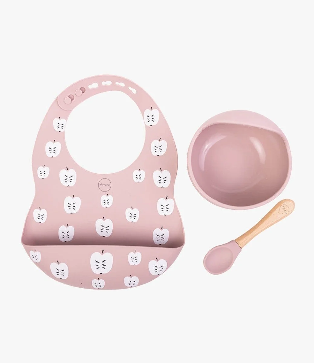 Silicone Bib And Bowl Feeding Set  - Dusty Pink By Amini