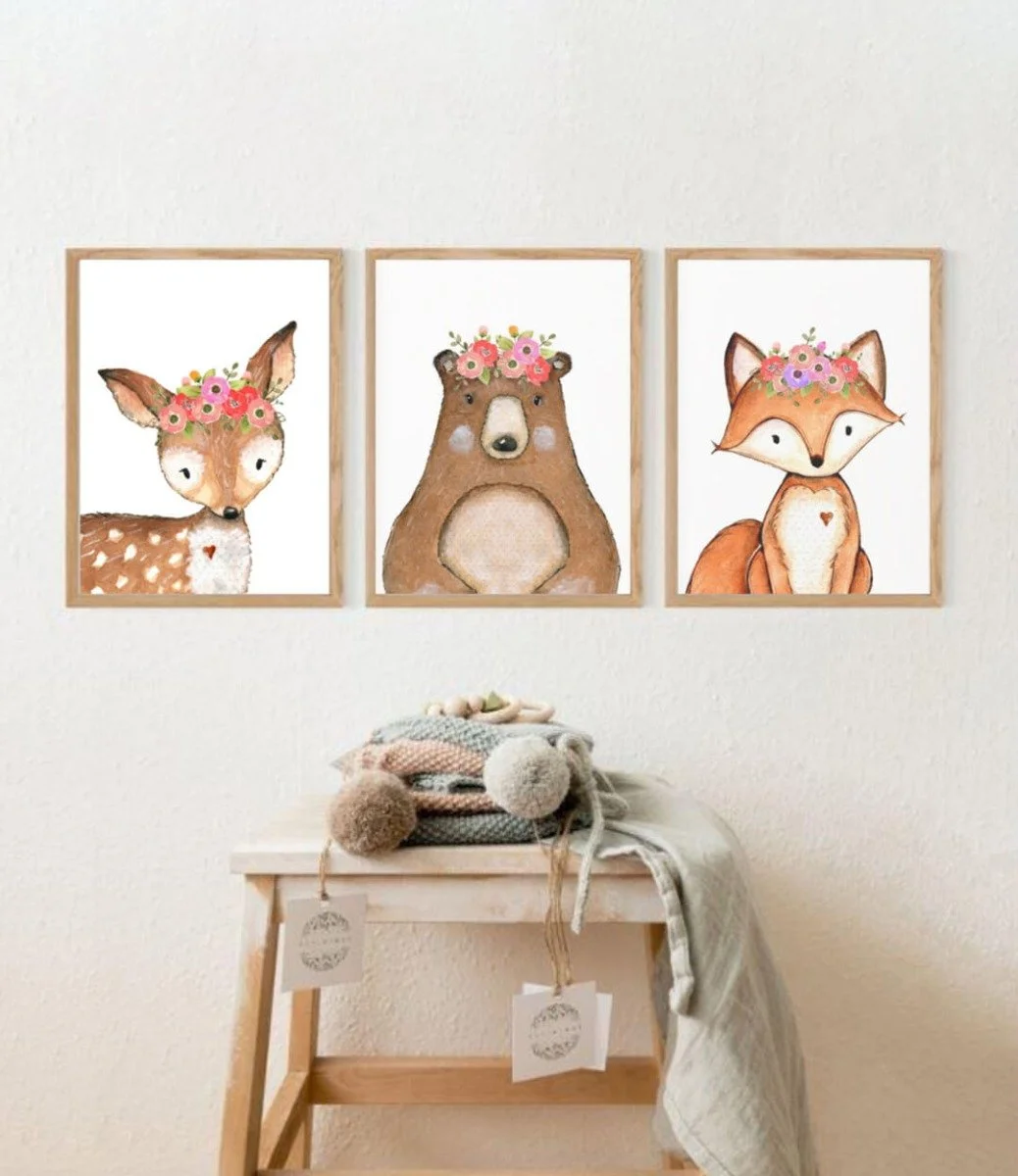 Sweet Pea Set of 3 Wall Art Prints - Woodland Watercolour Animals Fox, Deer & Bear