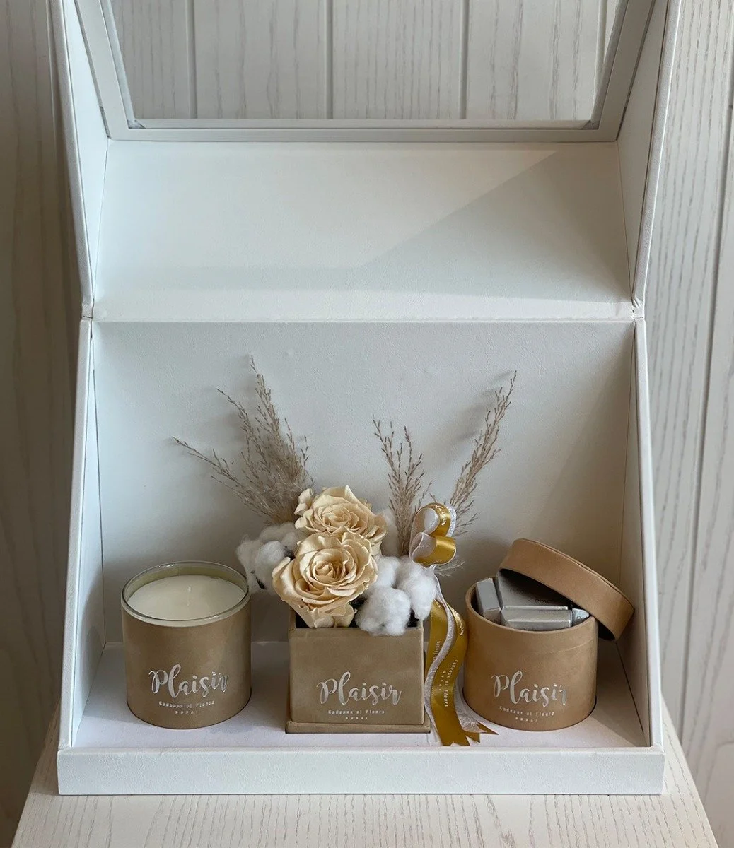 Tan Trio Gift Box with Double Infinity Rose Arrangement by Plaisir