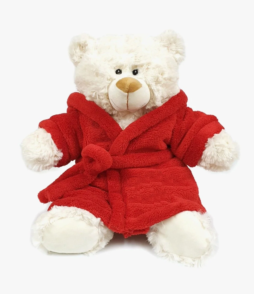 Cream Teddy with Red Bathrobe 38cm by Fay Lawson