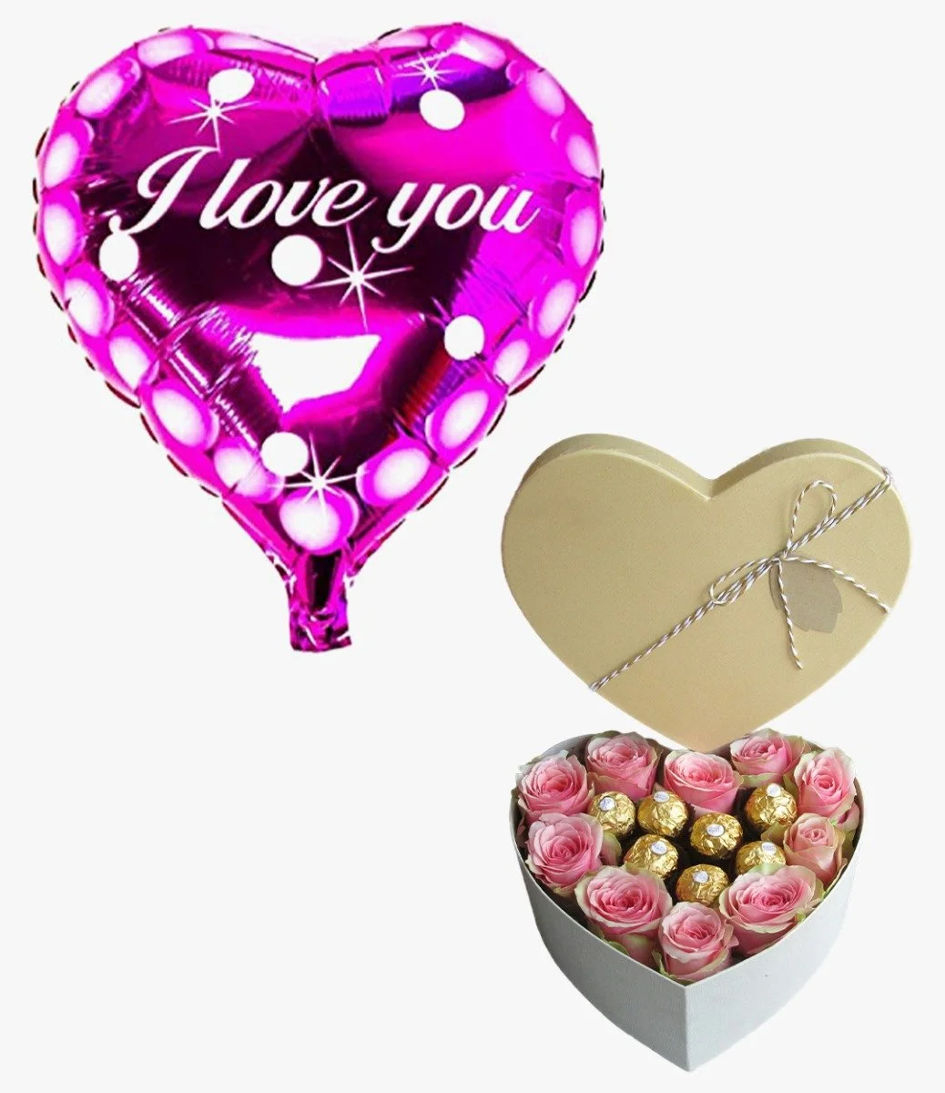 heart balloon and roses bundle